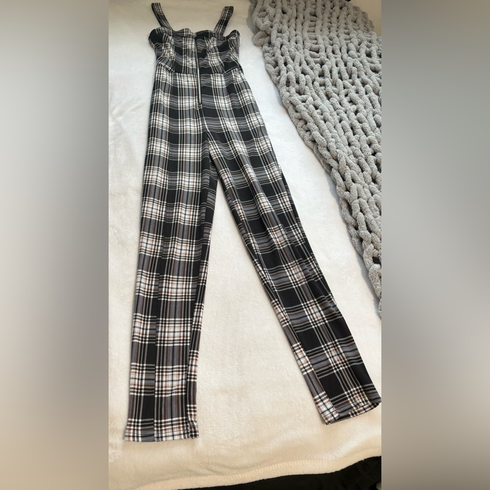 Almost Famous Black Plaid Zipper Jumpsuit